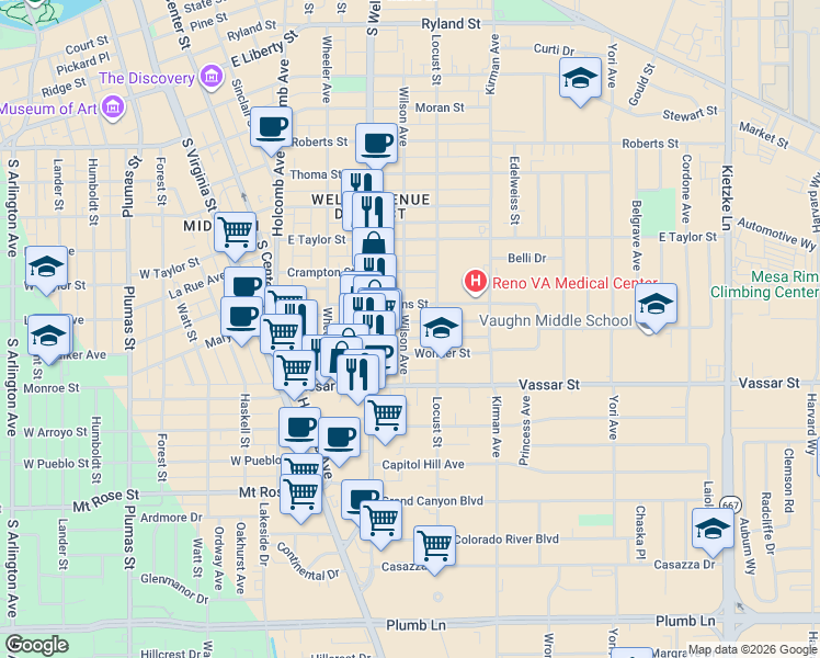 map of restaurants, bars, coffee shops, grocery stores, and more near 1107 Wilson Avenue in Reno