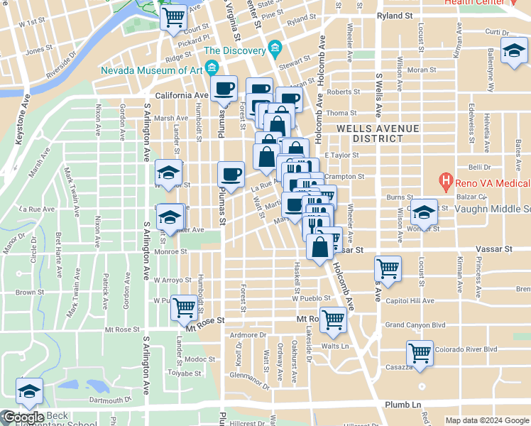 map of restaurants, bars, coffee shops, grocery stores, and more near 125 Mary Street in Reno