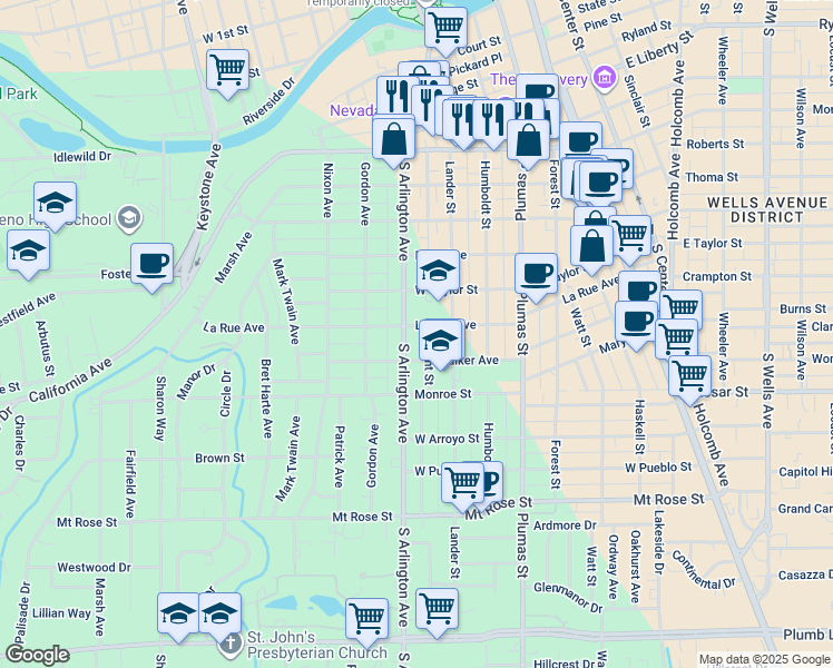 map of restaurants, bars, coffee shops, grocery stores, and more near 1010 South Arlington Avenue in Reno