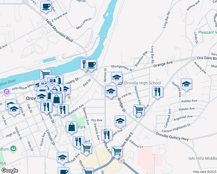 map of restaurants, bars, coffee shops, grocery stores, and more near 1544 Bridge Street in Oroville