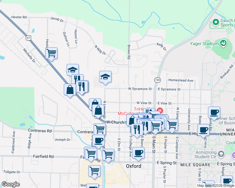 map of restaurants, bars, coffee shops, grocery stores, and more near 315 North Elm Street in Oxford