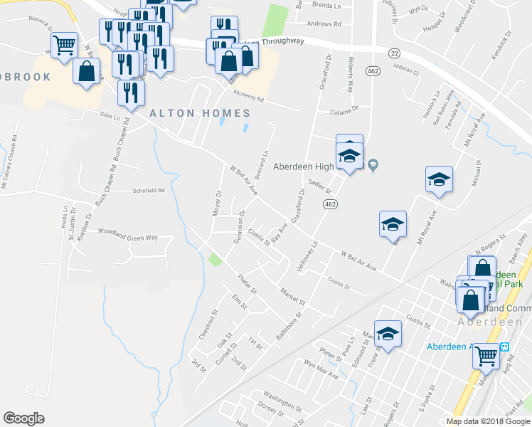 map of restaurants, bars, coffee shops, grocery stores, and more near 626 West Bel Air Avenue in Aberdeen