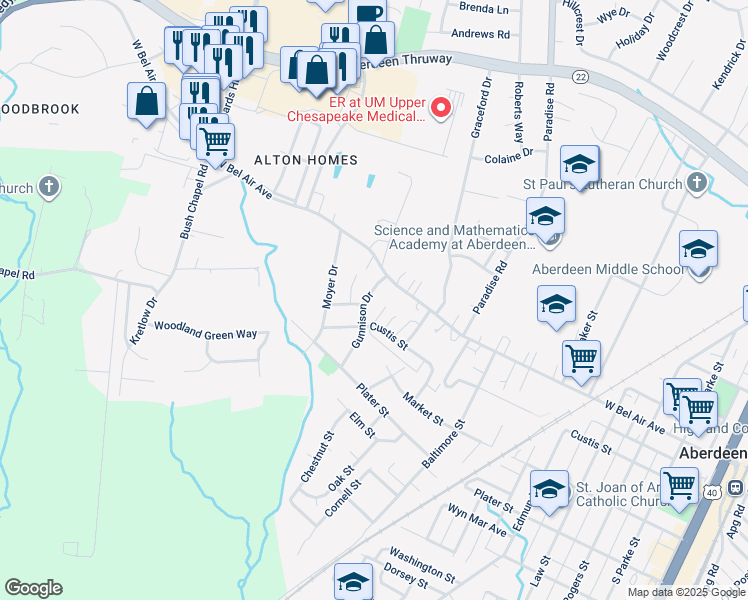 map of restaurants, bars, coffee shops, grocery stores, and more near 21 Gunnison Drive in Aberdeen
