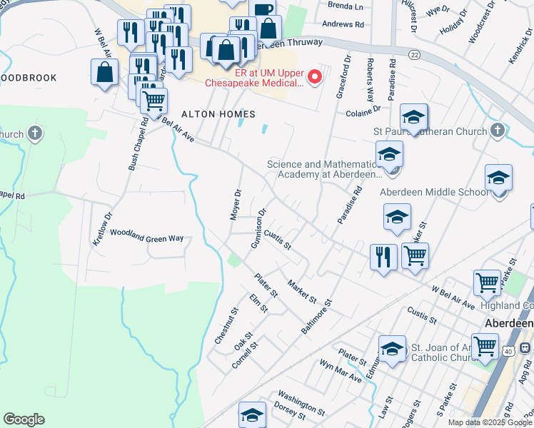 map of restaurants, bars, coffee shops, grocery stores, and more near 21 Gunnison Drive in Aberdeen