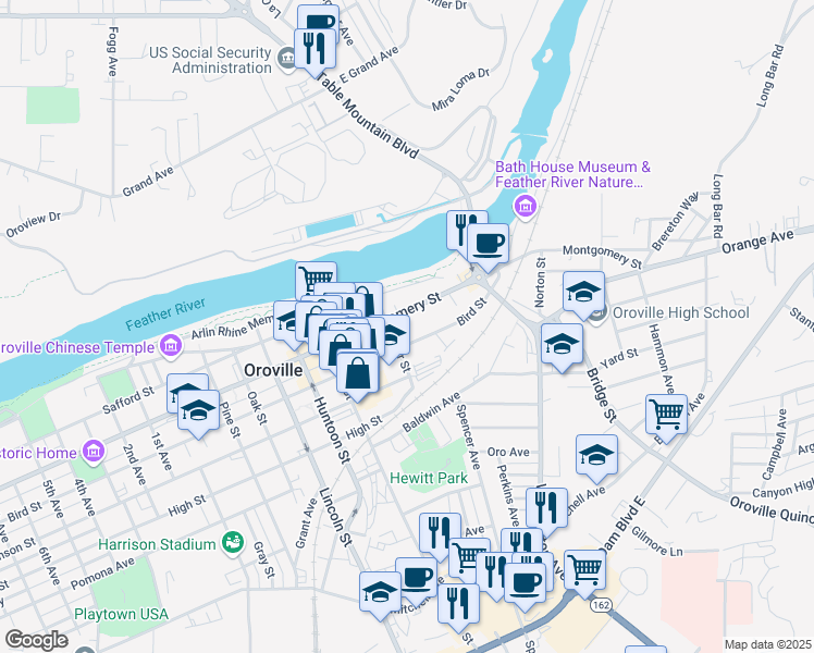 map of restaurants, bars, coffee shops, grocery stores, and more near 2251 Montgomery Street in Oroville
