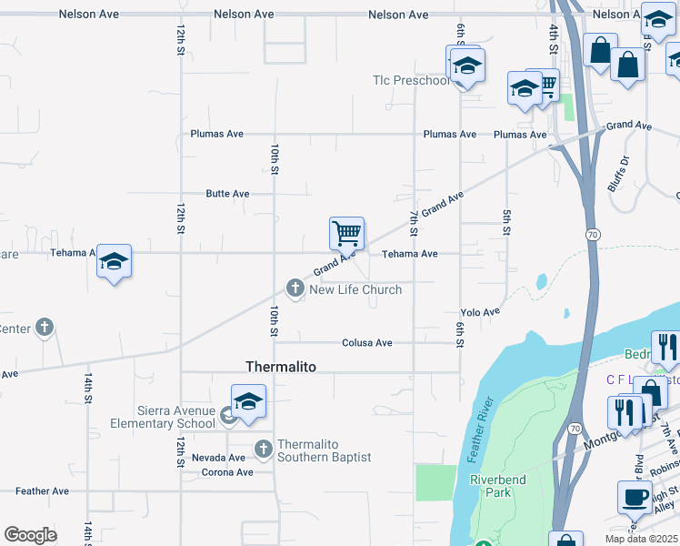 map of restaurants, bars, coffee shops, grocery stores, and more near 851 Grand Avenue in Oroville