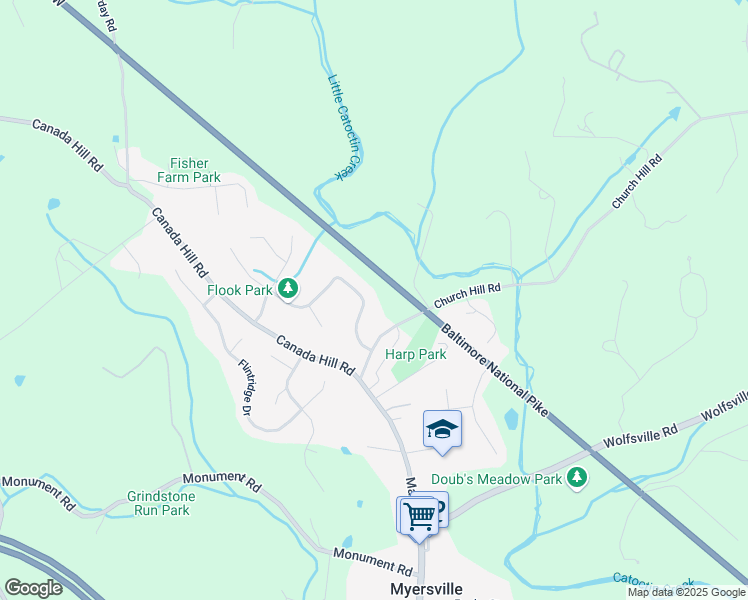 map of restaurants, bars, coffee shops, grocery stores, and more near 711 Rocky Fountain Drive in Myersville