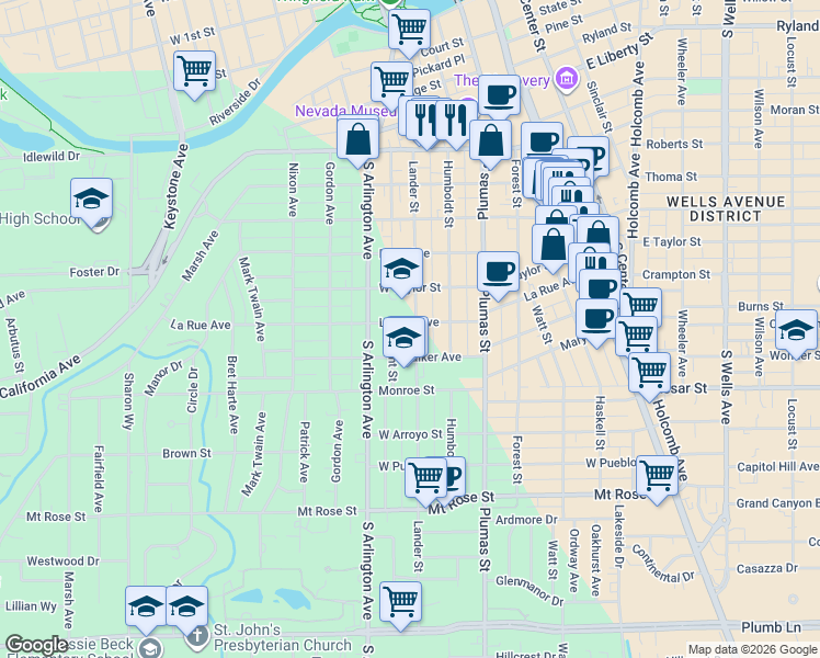 map of restaurants, bars, coffee shops, grocery stores, and more near 1019 Lander Street in Reno