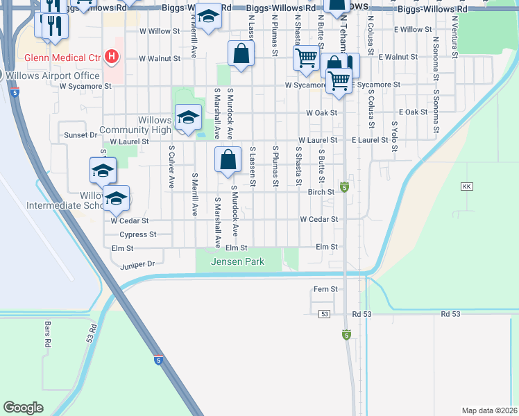 map of restaurants, bars, coffee shops, grocery stores, and more near 546 South Lassen Street in Willows