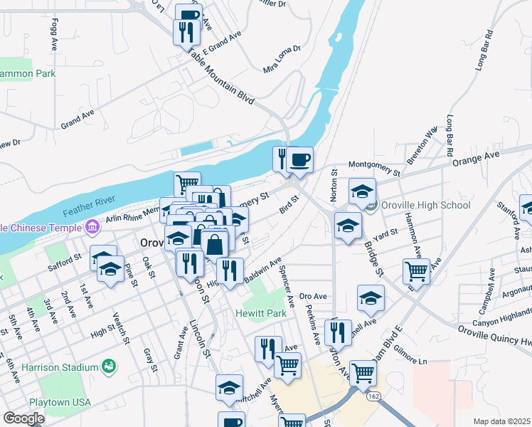 map of restaurants, bars, coffee shops, grocery stores, and more near 2330 Bird Street in Oroville