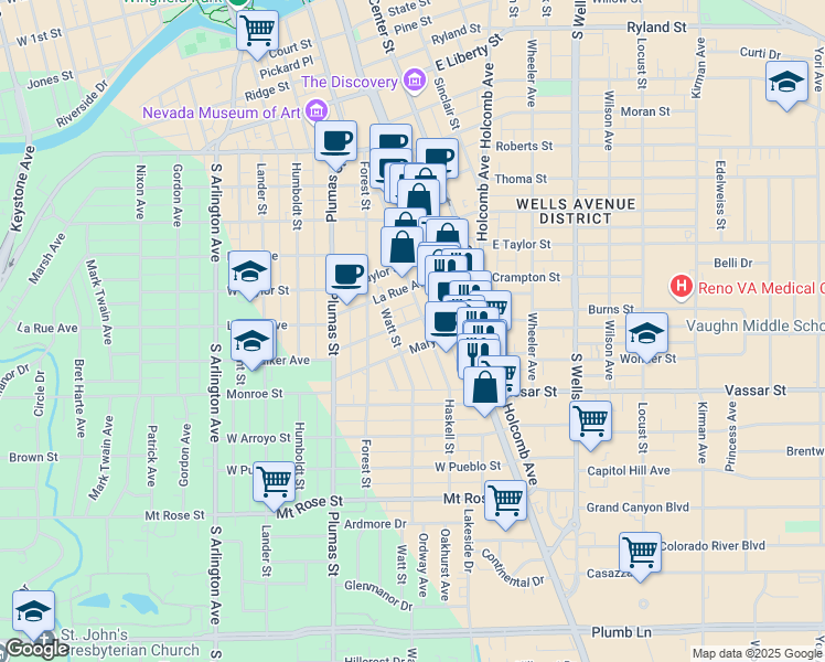 map of restaurants, bars, coffee shops, grocery stores, and more near 125 Mary Street in Reno