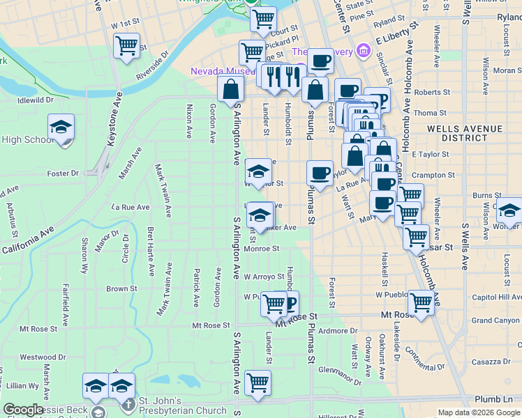map of restaurants, bars, coffee shops, grocery stores, and more near 1019 Lander Street in Reno
