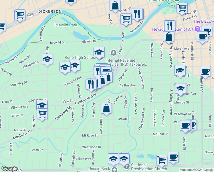 map of restaurants, bars, coffee shops, grocery stores, and more near 1132 California Avenue in Reno