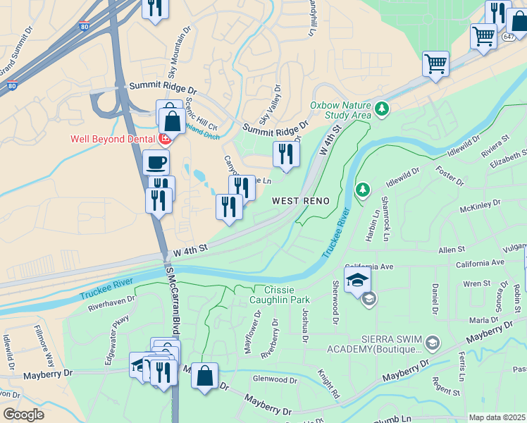 map of restaurants, bars, coffee shops, grocery stores, and more near 4175 West 4th Street in Reno