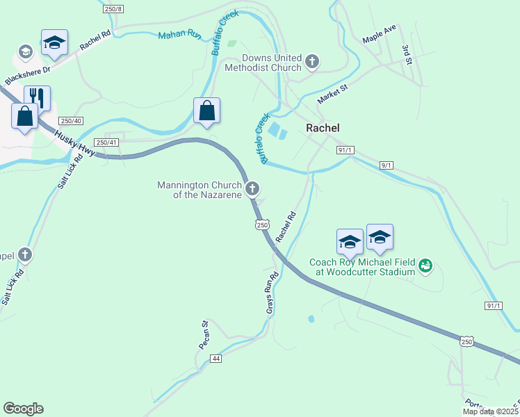 map of restaurants, bars, coffee shops, grocery stores, and more near 4674 Husky Highway in Mannington