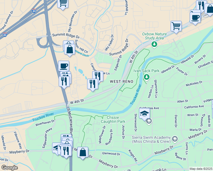 map of restaurants, bars, coffee shops, grocery stores, and more near 4175 West 4th Street in Reno