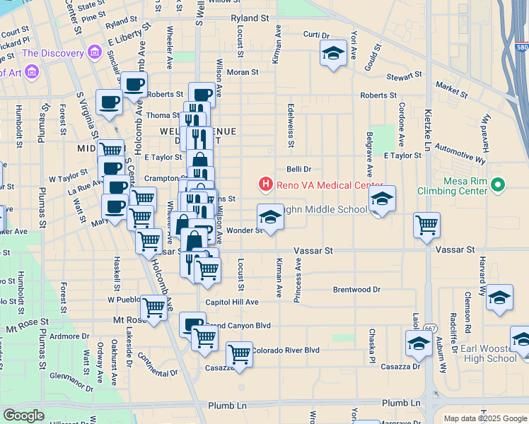 map of restaurants, bars, coffee shops, grocery stores, and more near 560 Claremont Circle in Reno
