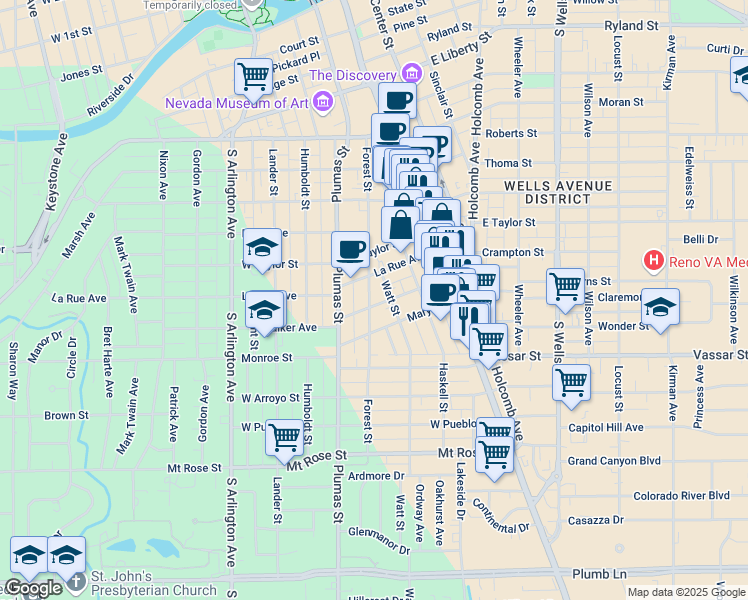 map of restaurants, bars, coffee shops, grocery stores, and more near 198 Martin Street in Reno