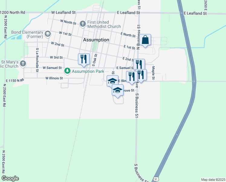 map of restaurants, bars, coffee shops, grocery stores, and more near 404 Colegrove Street in Assumption