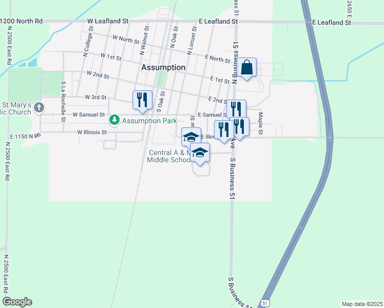 map of restaurants, bars, coffee shops, grocery stores, and more near 404 Colegrove Street in Assumption