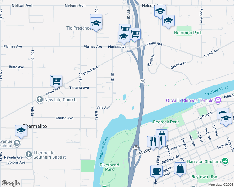map of restaurants, bars, coffee shops, grocery stores, and more near 1768 5th Street in Oroville