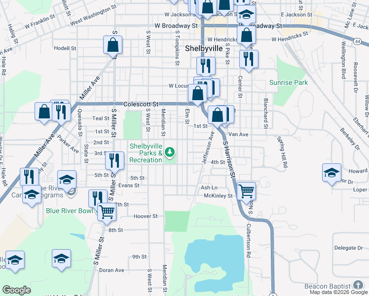 map of restaurants, bars, coffee shops, grocery stores, and more near 938 South Tompkins Street in Shelbyville