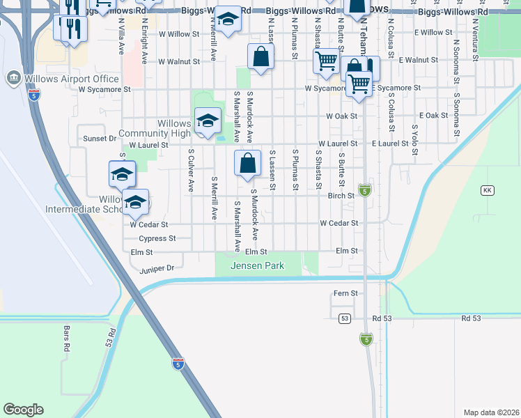 map of restaurants, bars, coffee shops, grocery stores, and more near 528 South Murdock Avenue in Willows