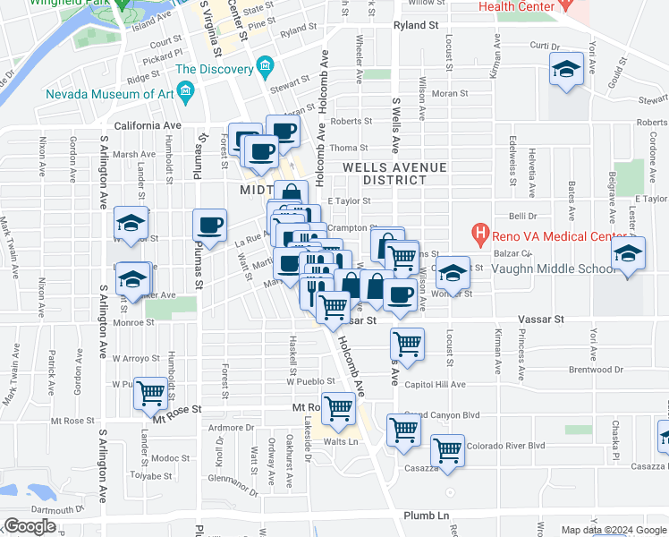 map of restaurants, bars, coffee shops, grocery stores, and more near 1160 Holcomb Avenue in Reno