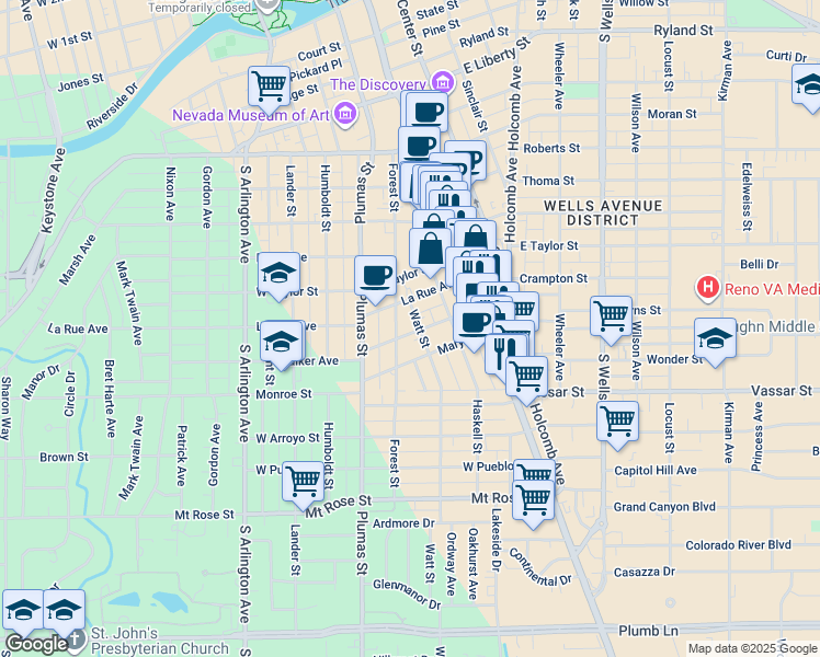 map of restaurants, bars, coffee shops, grocery stores, and more near 198 Martin Street in Reno