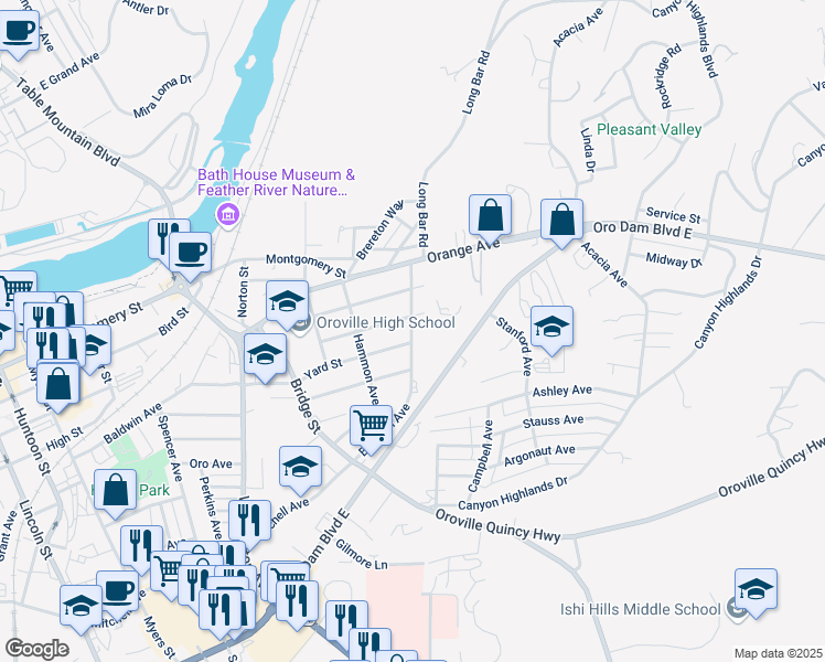 map of restaurants, bars, coffee shops, grocery stores, and more near 1717 Boynton Avenue in Oroville