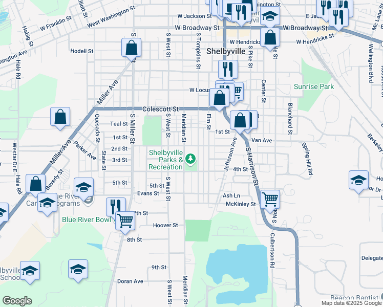 map of restaurants, bars, coffee shops, grocery stores, and more near 1031 Meridian Street in Shelbyville