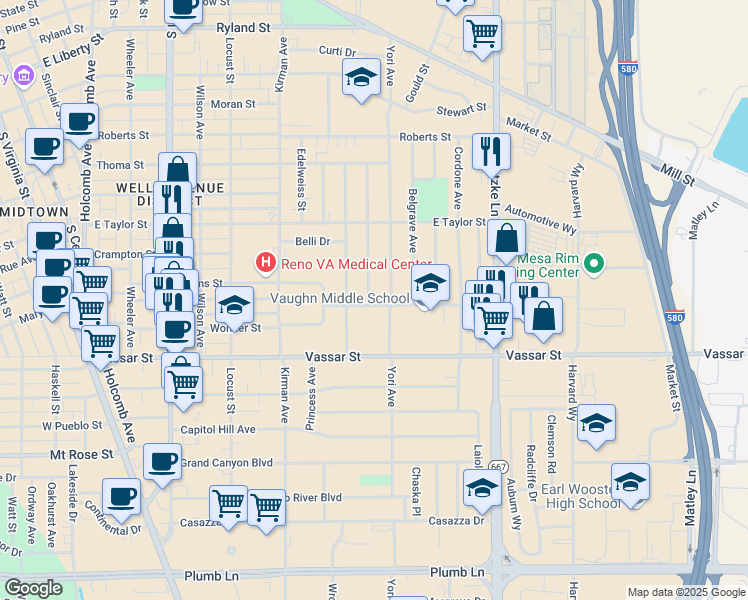 map of restaurants, bars, coffee shops, grocery stores, and more near 990 Bates Avenue in Reno