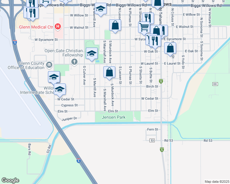 map of restaurants, bars, coffee shops, grocery stores, and more near 528 South Murdock Avenue in Willows