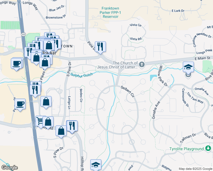 map of restaurants, bars, coffee shops, grocery stores, and more near 20295 East Cambridge Way in Parker