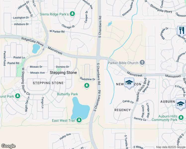 map of restaurants, bars, coffee shops, grocery stores, and more near South Chambers Road in Parker