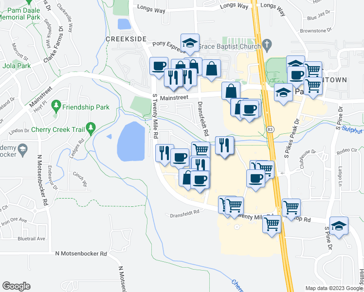 map of restaurants, bars, coffee shops, grocery stores, and more near 11044 South Twenty Mile Road in Parker