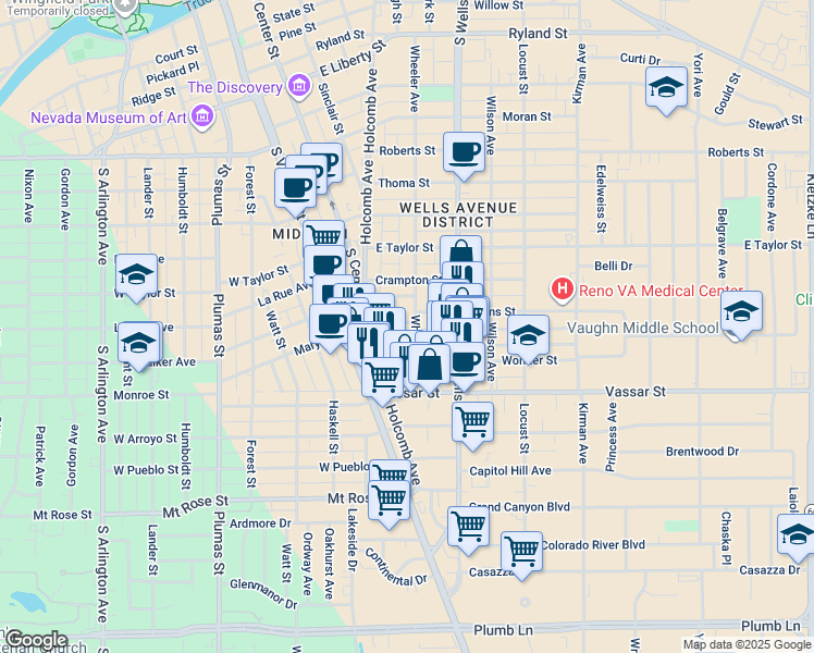 map of restaurants, bars, coffee shops, grocery stores, and more near 1135 Wheeler Avenue in Reno