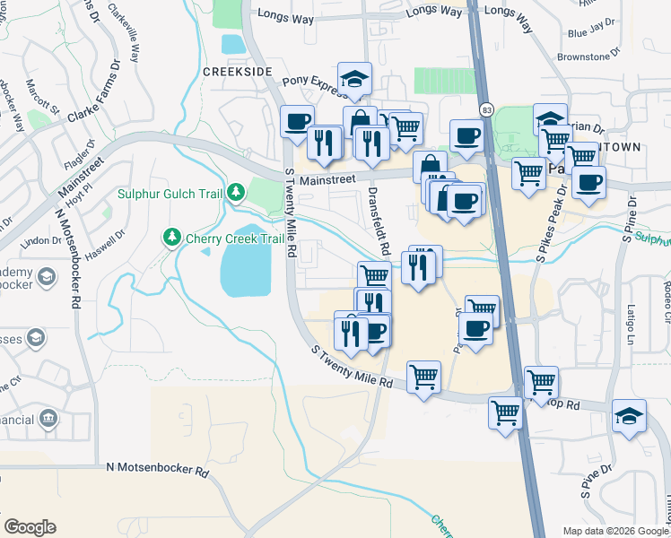 map of restaurants, bars, coffee shops, grocery stores, and more near 11099 Dransfeldt Road in Parker