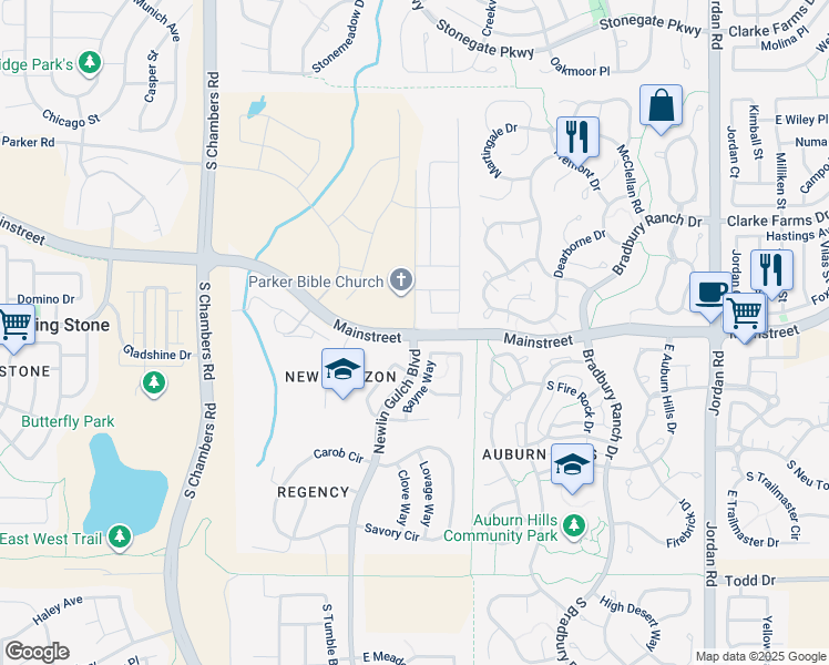 map of restaurants, bars, coffee shops, grocery stores, and more near 4393 Mainstreet in Parker