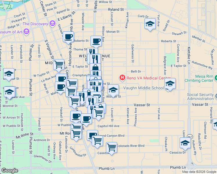 map of restaurants, bars, coffee shops, grocery stores, and more near 529 Claremont Street in Reno