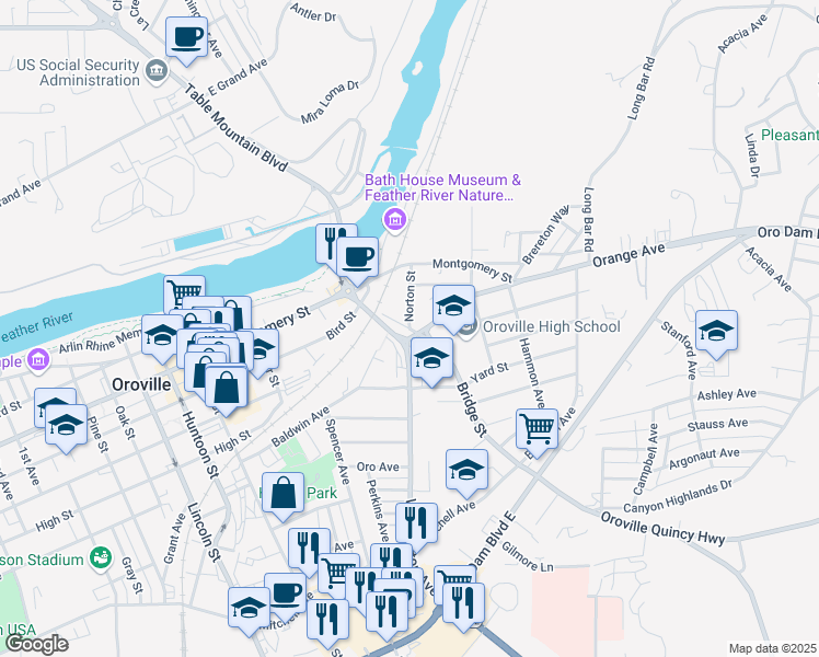 map of restaurants, bars, coffee shops, grocery stores, and more near Bridge Street & Norton Street in Oroville