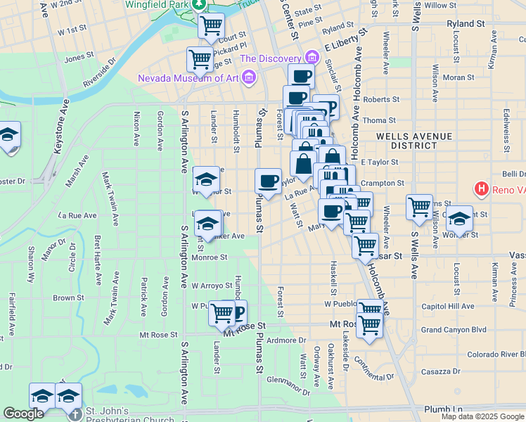 map of restaurants, bars, coffee shops, grocery stores, and more near 1000 Plumas Street in Reno