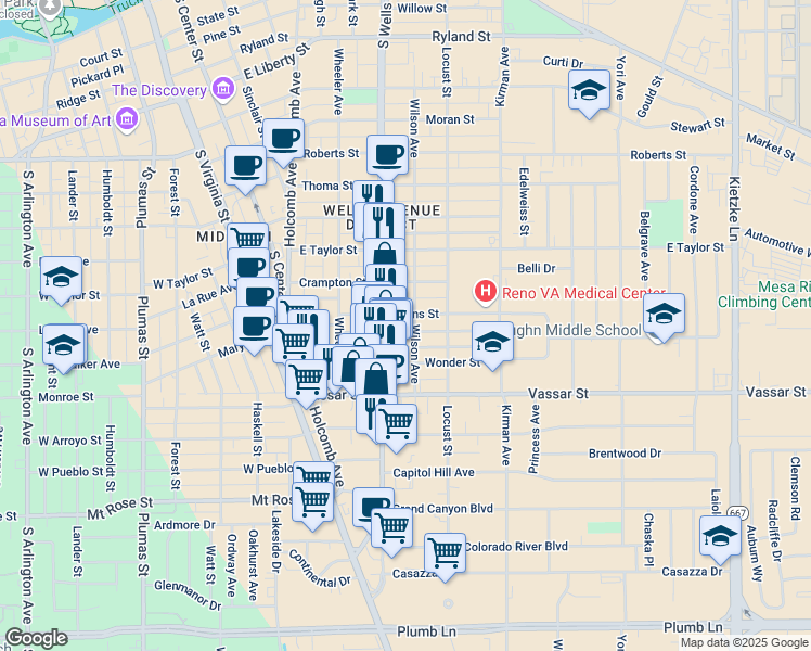map of restaurants, bars, coffee shops, grocery stores, and more near 1107 Wilson Avenue in Reno