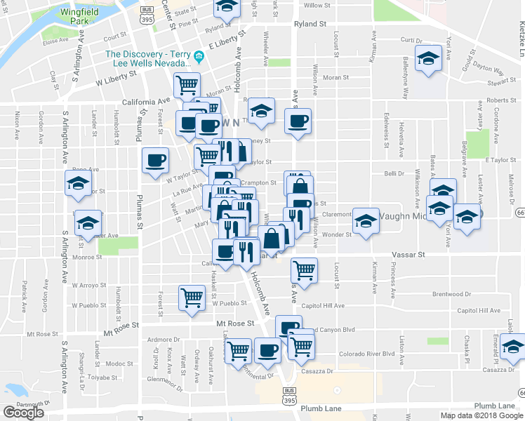 map of restaurants, bars, coffee shops, grocery stores, and more near 1135 Wheeler Avenue in Reno