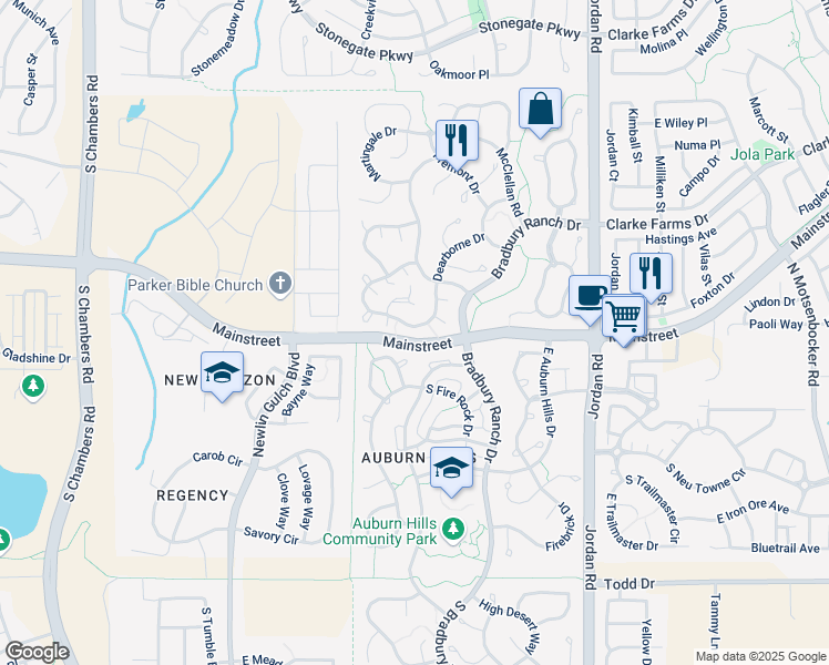 map of restaurants, bars, coffee shops, grocery stores, and more near 16143 White Hawk Drive in Parker