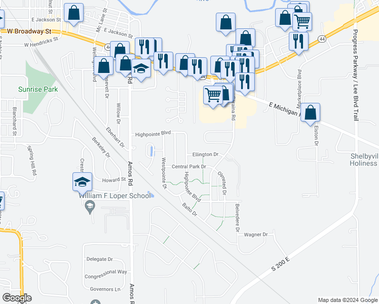 map of restaurants, bars, coffee shops, grocery stores, and more near 632 High Pointe Boulevard in Shelbyville