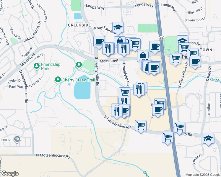 map of restaurants, bars, coffee shops, grocery stores, and more near 11044 South Twenty Mile Road in Parker