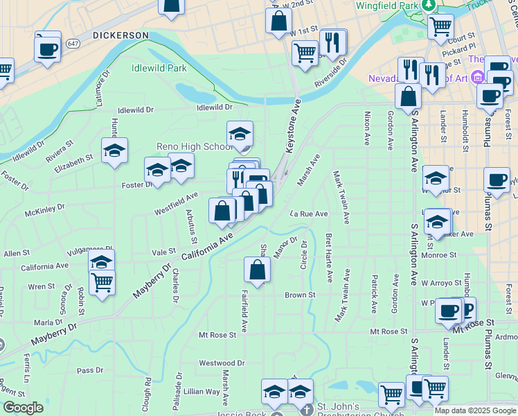 map of restaurants, bars, coffee shops, grocery stores, and more near 1132 California Avenue in Reno