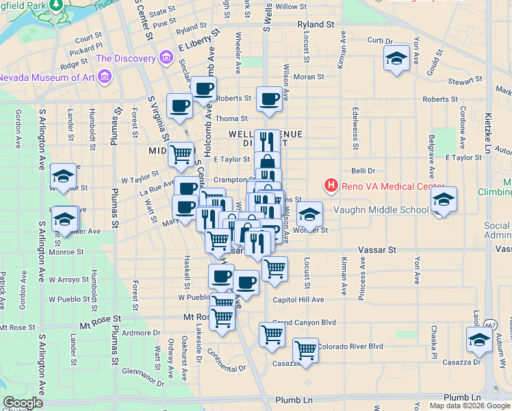 map of restaurants, bars, coffee shops, grocery stores, and more near 1125 South Wells Avenue in Reno