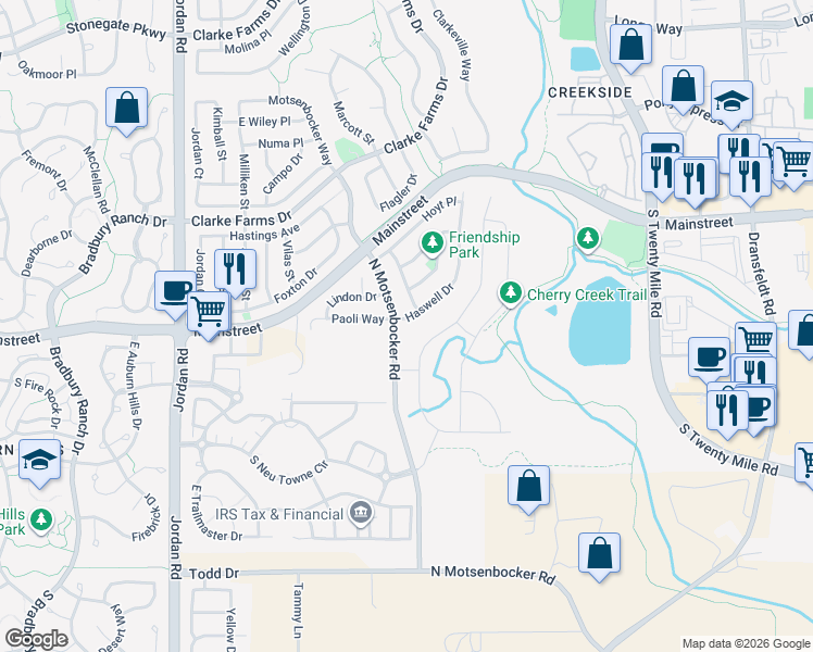 map of restaurants, bars, coffee shops, grocery stores, and more near 11382 Haswell Drive in Parker
